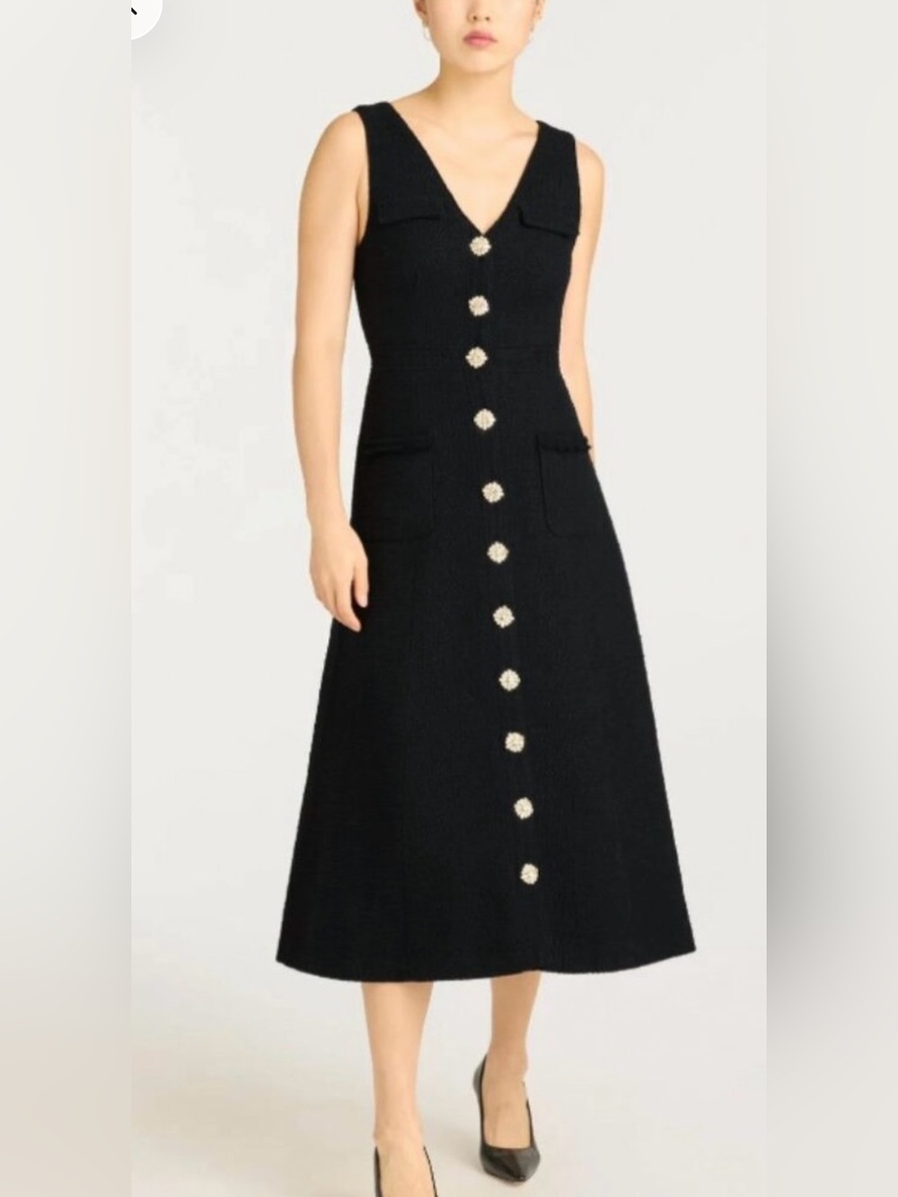 cinq a sept Black Sleeveless V-Neck Button-Front Midi Dress Linda tweed